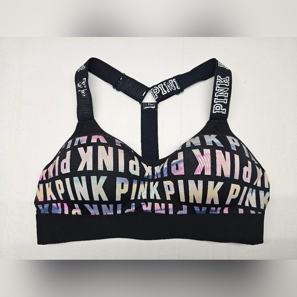PINK Victoria's Secret Sports Bra Black PINK Logo Print Racerback Activewear - Picture 1 of 9